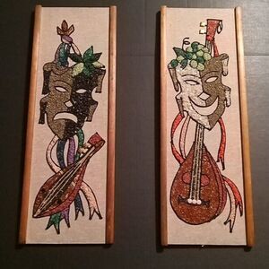 2 Vintage GRAVEL Pebble Art Pictures Mid Century COMEDY TRAGEDY MASKS 24 x 8 3/4